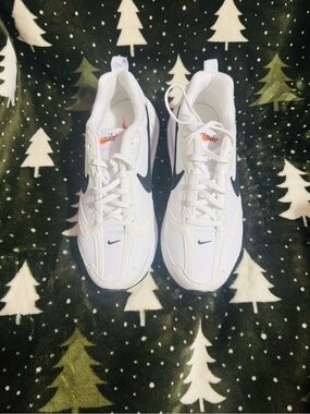 Nike White and Black Low-Top Sneakers with Orange Tongue Logo